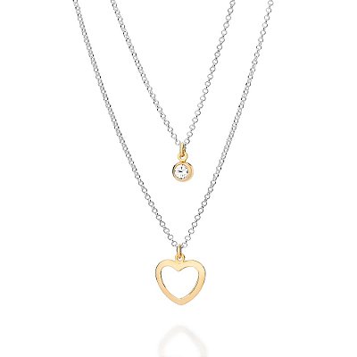 GARGANTILHA DUPLA PRATA 925 COM PONTO DE LUZ E CORAÇÃO VAZADO FOLHEADO A OURO. MED 42CM ROMMANEL 830165