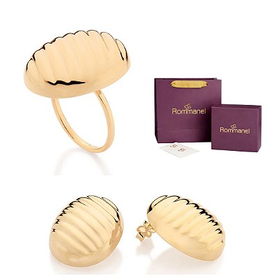 CONJUNTO BOTÃO ANEL + BRINCOS FOLHEADO A OURO + EMBALAGEM ROMMANEL