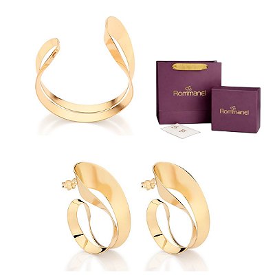 CONJUNTO ABSTRATO ARGOLA + BRACELETE FOLHEADO A OURO + EMBALAGEM ROMMANEL