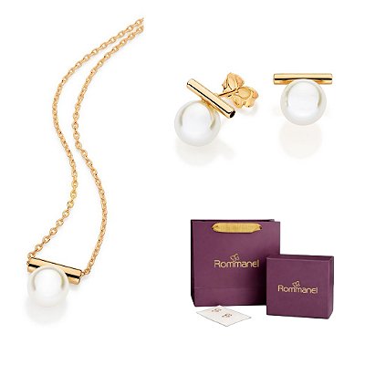 CONJUNTO PÉROLA GARGANTILHA + BRINCO FOLHEADO A OURO + EMBALAGEM ROMMANEL