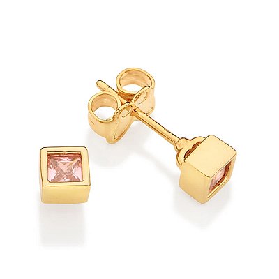 BRINCO SOLITÁRIO FOLHEADO A OURO QUADRADO COM ZIRCÔNIA ROSA CLARO. MED 0,4CM ROMMANEL 527639