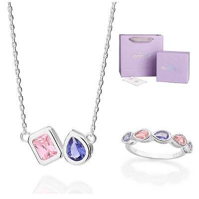 CONJUNTO COM ZIRCÔNIAS COLORIDAS ANEL + GARGANTILHA PRATA 925 + EMBALAGEM EXCLUSIVA ROMMANEL