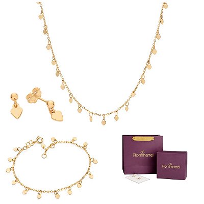 CONJUNTO CORAÇÃO BRINCOS + GARGANTILHA + PULSEIRA FOLHEADO A OURO + EMBALAGEM EXCLUSIVA ROMMANEL