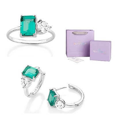 CONJUNTO ZIRCÔNIA VERDE ANEL + ARGOLA PRATA 925 + EMBALAGEM EXCLUSIVA ROMMANEL