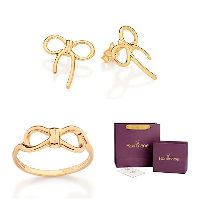 CONJUNTO LAÇO ANEL + BRINCOS FOLHEADO A OURO + EMBALAGEM EXCLUSIVA ROMMANEL