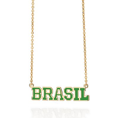 GARGANTILHA FOLHEADO A OURO COM PINGENTE BRASIL COM APLICAÇÃO DE RESINA COLORIDO. MED 55CM ROMMANEL 532666