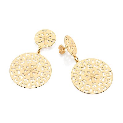 BRINCO PÊNDULO FOLHEADO A OURO MANDALA VAZADA COM FLOR. MED 5,4CM ROMMANEL 527655