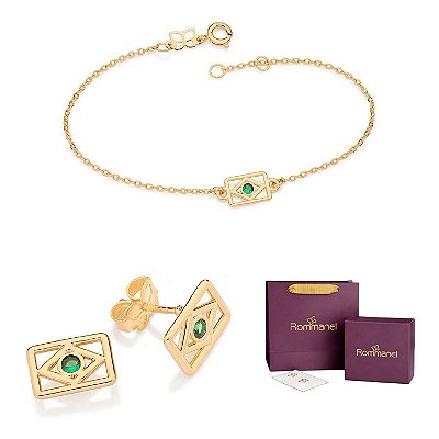CONJUNTO BRASIL BRINCOS + PULSEIRA FOLHEADO A OURO + EMBALAGEM EXCLUSIVA ROMMANEL