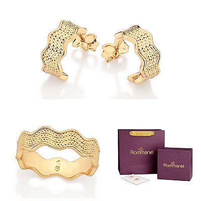 CONJUNTO SIANINHA ANEL + BRINCOS FOLHEADO A OURO + EMBALAGEM EXCLUSIVA ROMMANEL