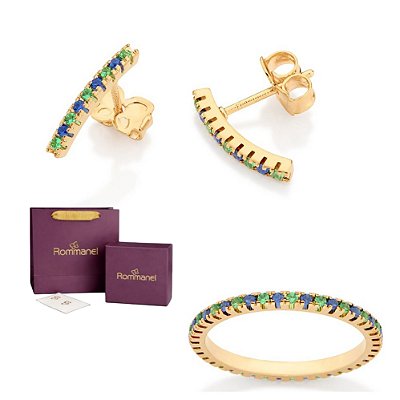CONJUNTO ZIRCÔNIAS COLORIDAS ANEL + BRINCOS FOLHEADO A OURO + EMBALAGEM EXCLUSIVA ROMMANEL