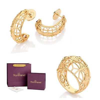 CONJUNTO BALÕES ANEL + BRINCOS FOLHEADO A OURO + EMBALAGEM EXCLUSIVA ROMMANEL