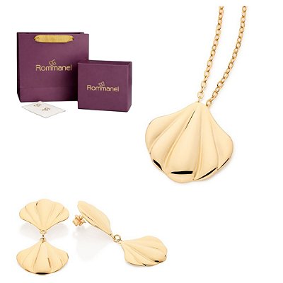 CONJUNTO MARINHO GARGANTILHA + BRINCOS FOLHEADO A OURO + EMBALAGEM EXCLUSIVA ROMMANEL