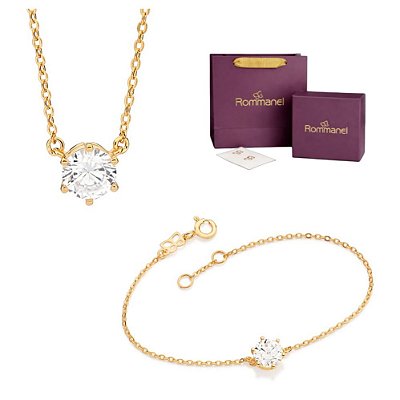 CONJUNTO ZIRCÔNIAS GARGANTILHA + PULSEIRA FOLHEADO A OURO + EMBALAGEM EXCLUSIVA ROMMANEL