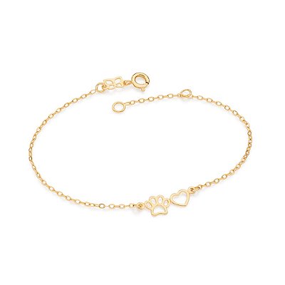 PULSEIRA ELO CADEADO FOLHEADO A OURO COM PINGENTE PATA DE PET E CORAÇÃO. MED 19CM ROMMANEL 552227