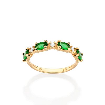 ANEL SKINNY FOLHEADO A OURO COM ZIRCÔNIAS E CRISTAIS VERDE ROMMANEL 513621