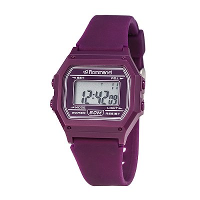 RELÓGIO FEMININO DIGITAL RETANGULAR ROXO COM PULSEIRA DE SILICONE ROMMANEL 650198