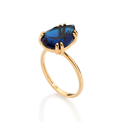 ANEL SOLITÁRIO FOLHEADO A OURO GOTA COM CRISTAL AZUL ROMMANEL 513678