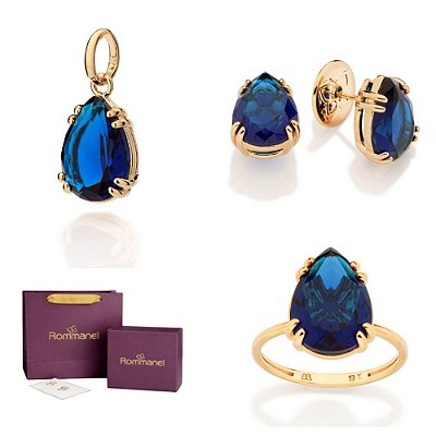 CONJUNTO GOTA CRISTAL AZUL ANEL + BRINCOS + PINGENTE FOLHEADO A OURO + EMBALAGEM ROMMANEL