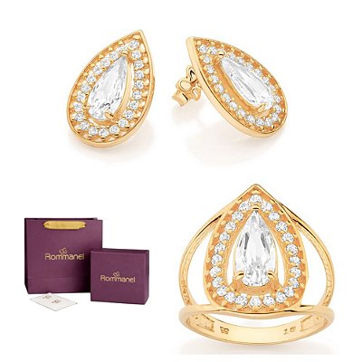 CONJUNTO GOTA COM ZIRCÔNIAS ANEL + BRINCOS FOLHEADO A OURO + EMBALAGEM ROMMANEL