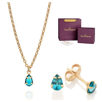 CONJUNTO GOTA AZUL CLARO GARGANTILHA 42CM + BRINCOS FOLHEADO A OURO + EMBALAGEM ROMMANEL