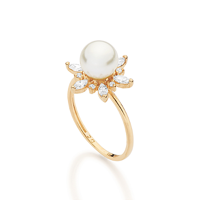 ANEL SKINNY FLOR FOLHEADO A OURO PÉROLA COM ZIRCÔNIAS ROMMANEL 513677