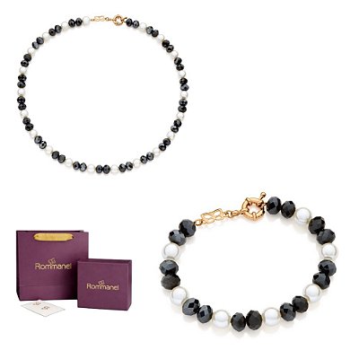 CONJUNTO PÉROLAS COM CRISTAIS AZUL GARGANTILHA 45CM + PULSEIRA + EMBALAGEM ROMMANEL