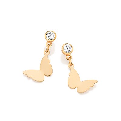 BRINCO PÊNDULO FOLHEADO A OURO BORBOLETA COM ZIRCÔNIAS. MED 2,1CM ROMMANEL 527674