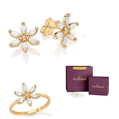 CONJUNTO FLOR ANEL + BRINCO COM ZIRCÔNIAS FOLHEADO A OURO + EMBALAGEM ROMMANEL