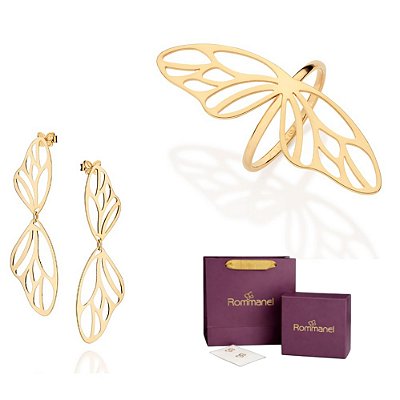 CONJUNTO ASAS DE BORBOLETA MAXI ANEL + BRINCO PÊNDULO FOLHEADO A OURO + EMBALAGEM ROMMANEL