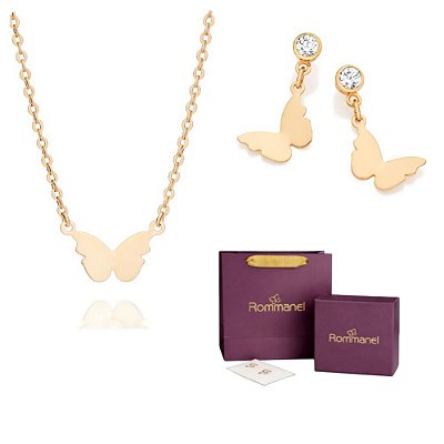 CONJUNTO BORBOLETA BRINCOS + GARGANTILHA 45CM FOLHEADO A OURO + EMBALAGEM ROMMANEL
