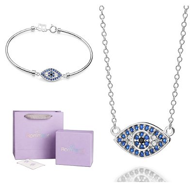 CONJUNTO OLHO GREGO PRATA 925 GARGANTILHA 45CM + BRACELETE + EMBALAGEM ROMMANEL