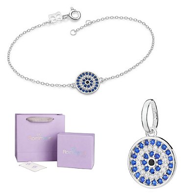 CONJUNTO OLHO GREGRO PRATA 925 PULSEIRA 18CM + PINGENTE + EMBALAGEM ROMMANEL