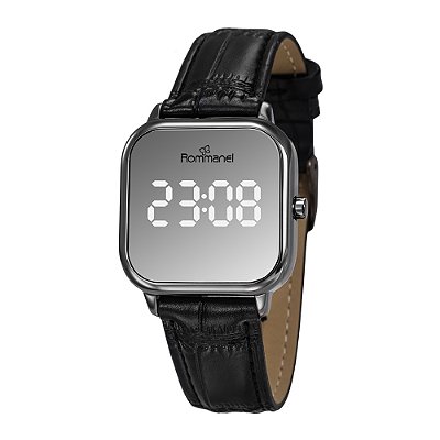 RELÓGIO UNISSEX DIGITAL LED GRAFITE COM PULSEIRA DE COURO SINTÉTICO ROMMANEL 650228