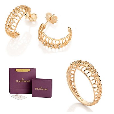 CONJUNTO ABAULADO FOLHEADO A OURO ANEL + ARGOLA COM ZIRCÔNIAS + EMBALAGEM ROMMANEL