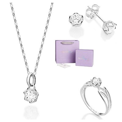 CONJUNTO SOLITÁRIO FLOR PRATA 925 ANEL + BRINCO + GARGANTILHA + EMBALAGEM ROMMANEL