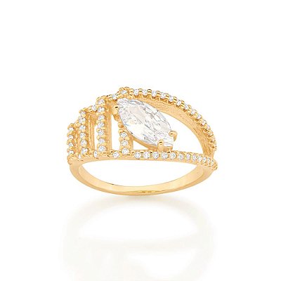 ANEL FOLHEADO A OURO COM ZIRCÔNIAS NAVETE ROMMANEL 512977