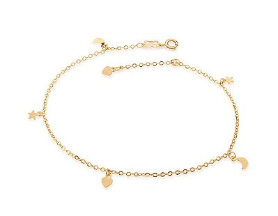 TORNOZELEIRA FOLHEADO A OURO COM BERLOQUES CORAÇÃO, ESTRELA E LUA. MED 25CM ROMMANEL 550588