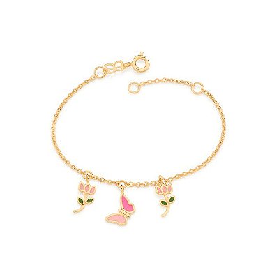 PULSEIRA INFANTIL FOLHEADO A OURO COM PINGENTES FLOR TULIPA E BORBOLETA. MED 16CM ROMMANEL 551673