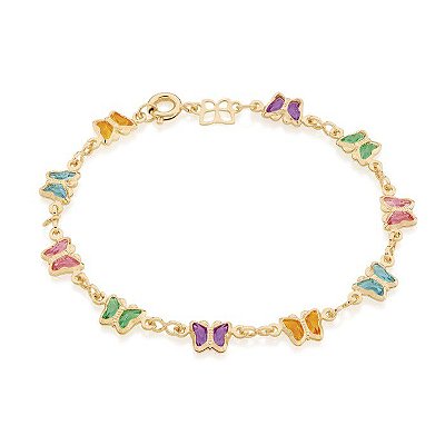 PULSEIRA INFANTIL FOLHEADO A OURO BORBOLETA COM CRISTAIS COLORIDOS. MED 16CM ROMMANEL 551618