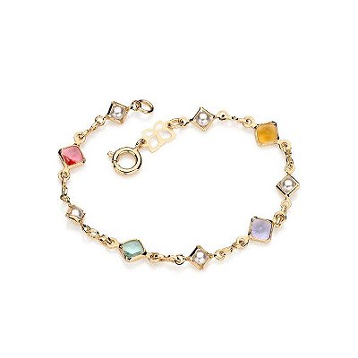PULSEIRA INFANTIL FOLHEADA A OURO PEDRAS COLORIDAS E PÉROLAS. MED 14CM ROMMANEL 550851
