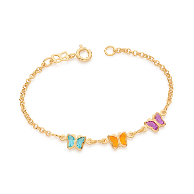 PULSEIRA INFANTIL FOLHEADO A OURO COM BORBOLETAS COLORIDAS. MED 14CM ROMMANEL 550680