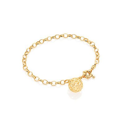 PULSEIRA FOLHEADO A OURO ELO PORTUQUÊS COM BERLOQUE GLOBO VAZADO. MED 20CM ROMMANEL 550853