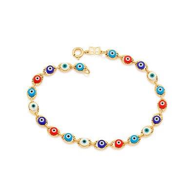 PULSEIRA FOLHEADO A OURO COM OLHOS GREGOS COLORIDOS. MED 19CM ROMAMNEL 551413