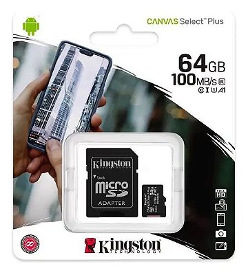 CARTAO DE MEMORIA KINGSTON MICRO SD 64GB CANVAS SELECT PLUS  CLASSE 10  C/ ADAPTADOR - SDCS2/64GB