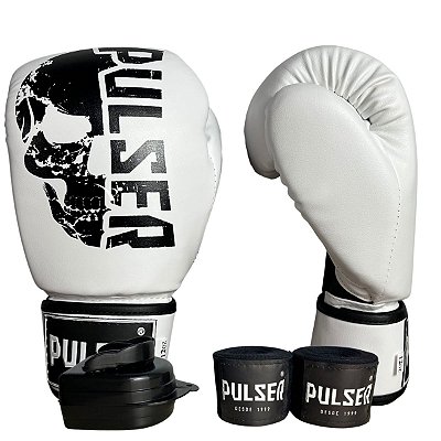 KIT LUVA 12OZ + BANDAGEM + BUCAL - BRANCO PRETO CAVEIRA - PULSER