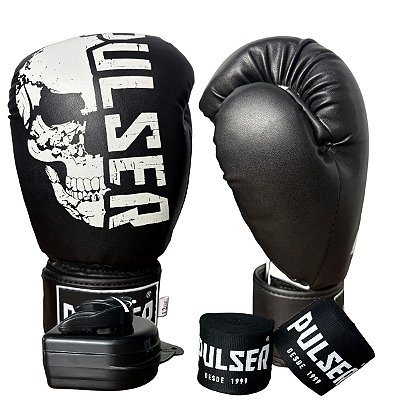 KIT LUVA 12OZ + BANDAGEM + BUCAL - BRANCO PRETO CAVEIRA - PULSER