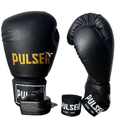 KIT LUVA 12OZ + BANDAGEM + BUCAL - PRETO DOURADO MINIMAL - PULSER