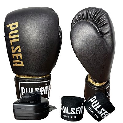 KIT LUVA 12OZ + BANDAGEM + BUCAL - PRETO DOURADO MINIMAL - PULSER