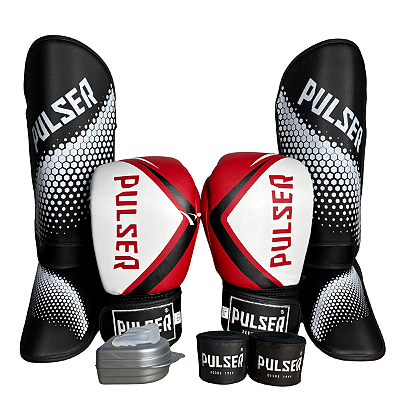 KIT LUVA 12OZ + CANELEIRA G/20MM + BANDAGEM + BUCAL - VERMELHO BRANCO FULL - PULSER