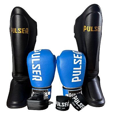 SUPER KIT LUVA 10OZ + CANELEIRA G/30MM + BANDAGEM + BUCAL - AZUL BRANCO MINIMAL - PULSER